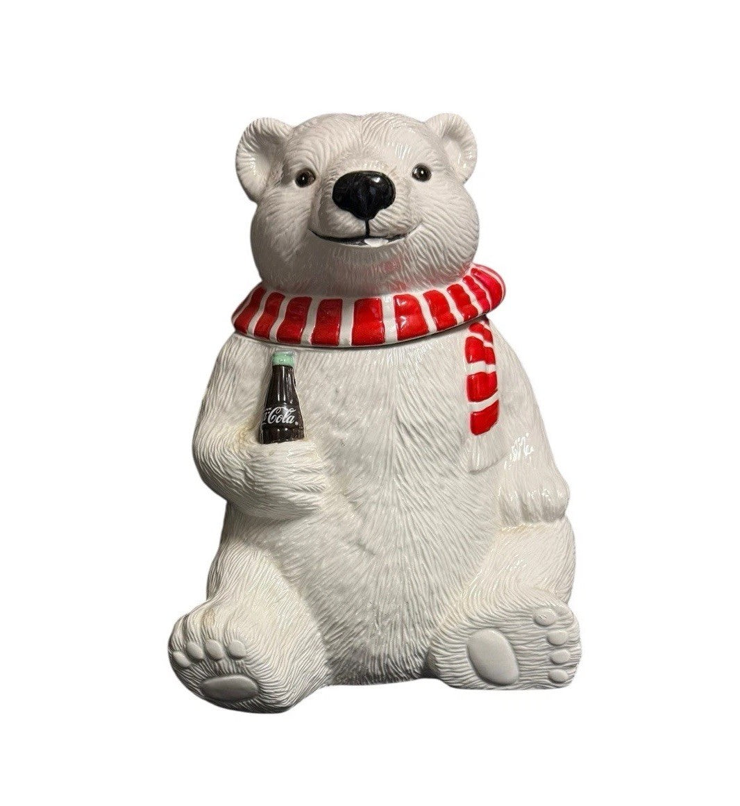 Vintage 1994 Coca-Cola Polar Bear Cookie Jar w/ Scarf & Coke Bottle