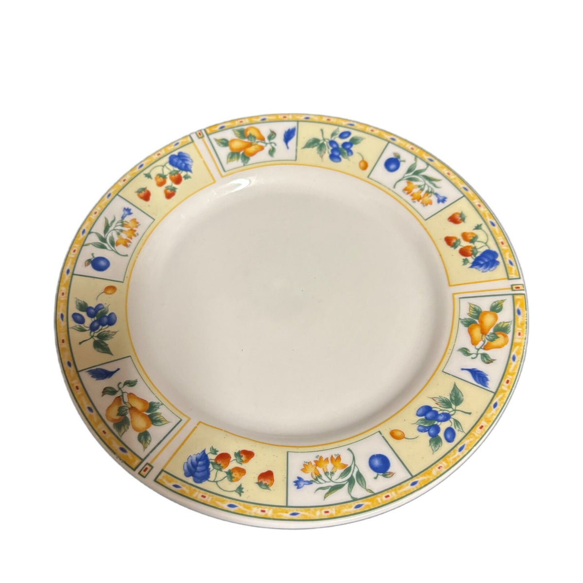 Gibson Designs FRUIT A PLENTY 4-Salad Plates Fruits Yellow Border Dessert Dish