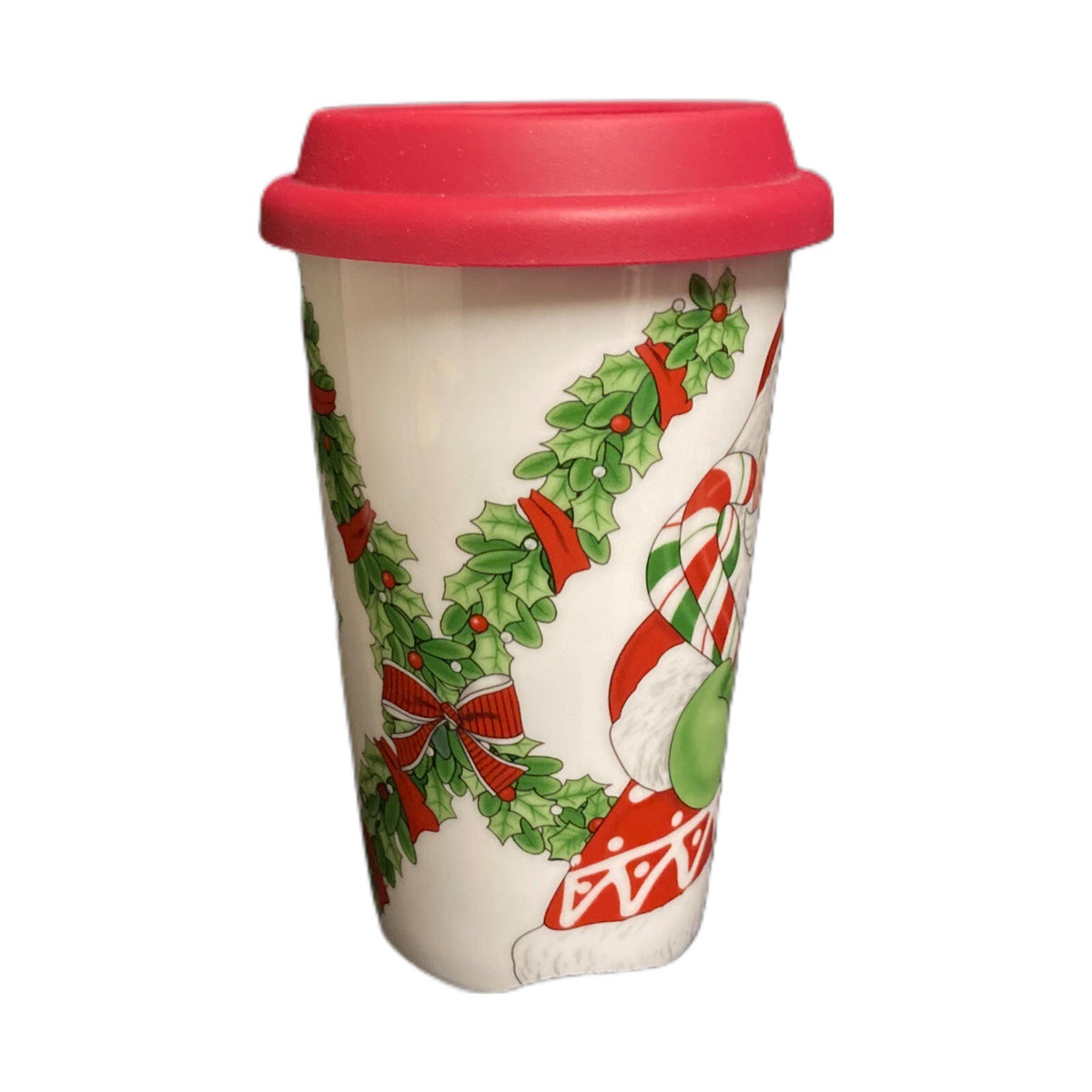 Fitz & Floyd Travel Mug Christmas CANDY CANE SANTA Holly Berry Red Silicone Lid