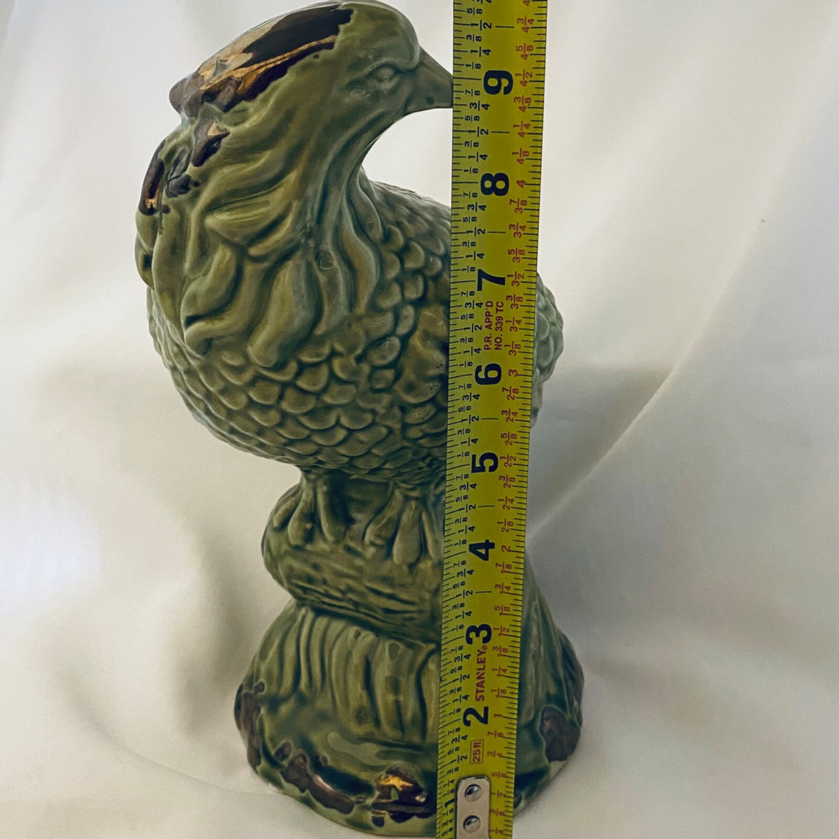 Rustic Green Ceramic Country Bird Perched on Branch Statue Home Decor Accent 10"