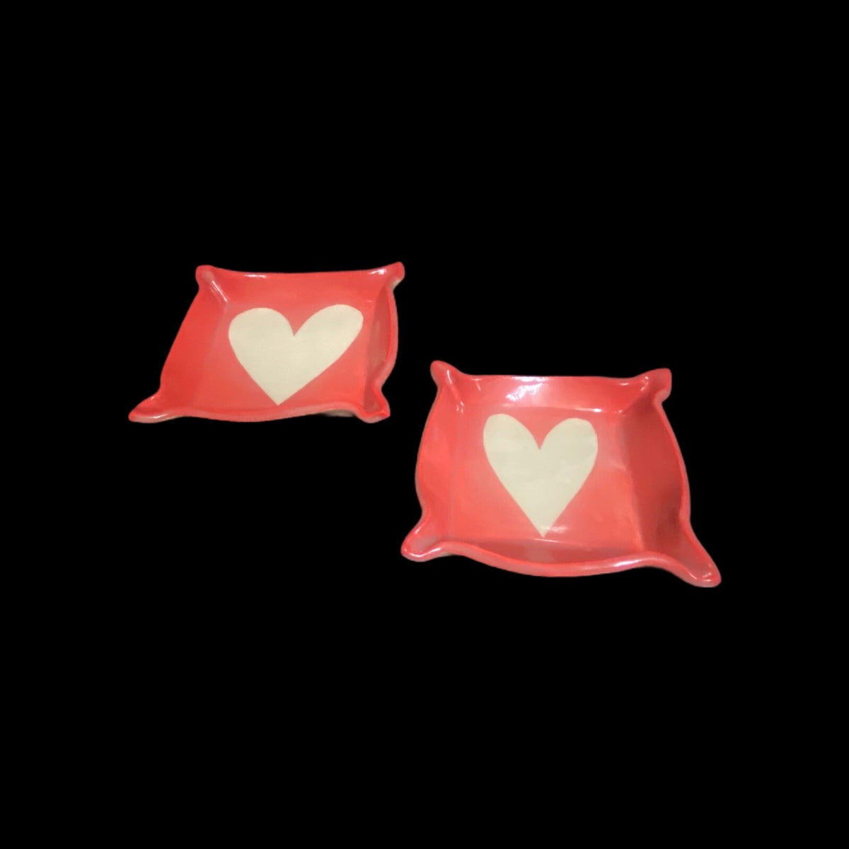 2-Trinket Red Dish White Heart Valentines Square Art Pottery Rings Tray Signed