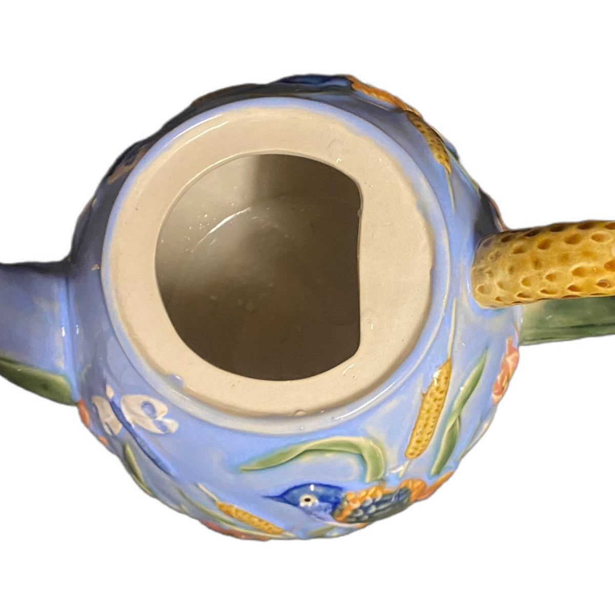 MAJOLICA Teapot Dragonflies Birds Lotus Blossom Flowers Blue Pottery Embossed