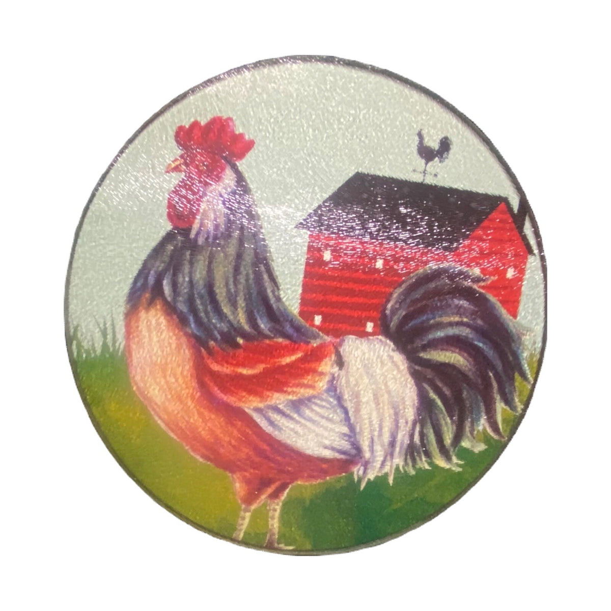 Glass Rooster Cutting Board Trivet Red Barn Farm Round 7 5/8” D Kitchen Decor