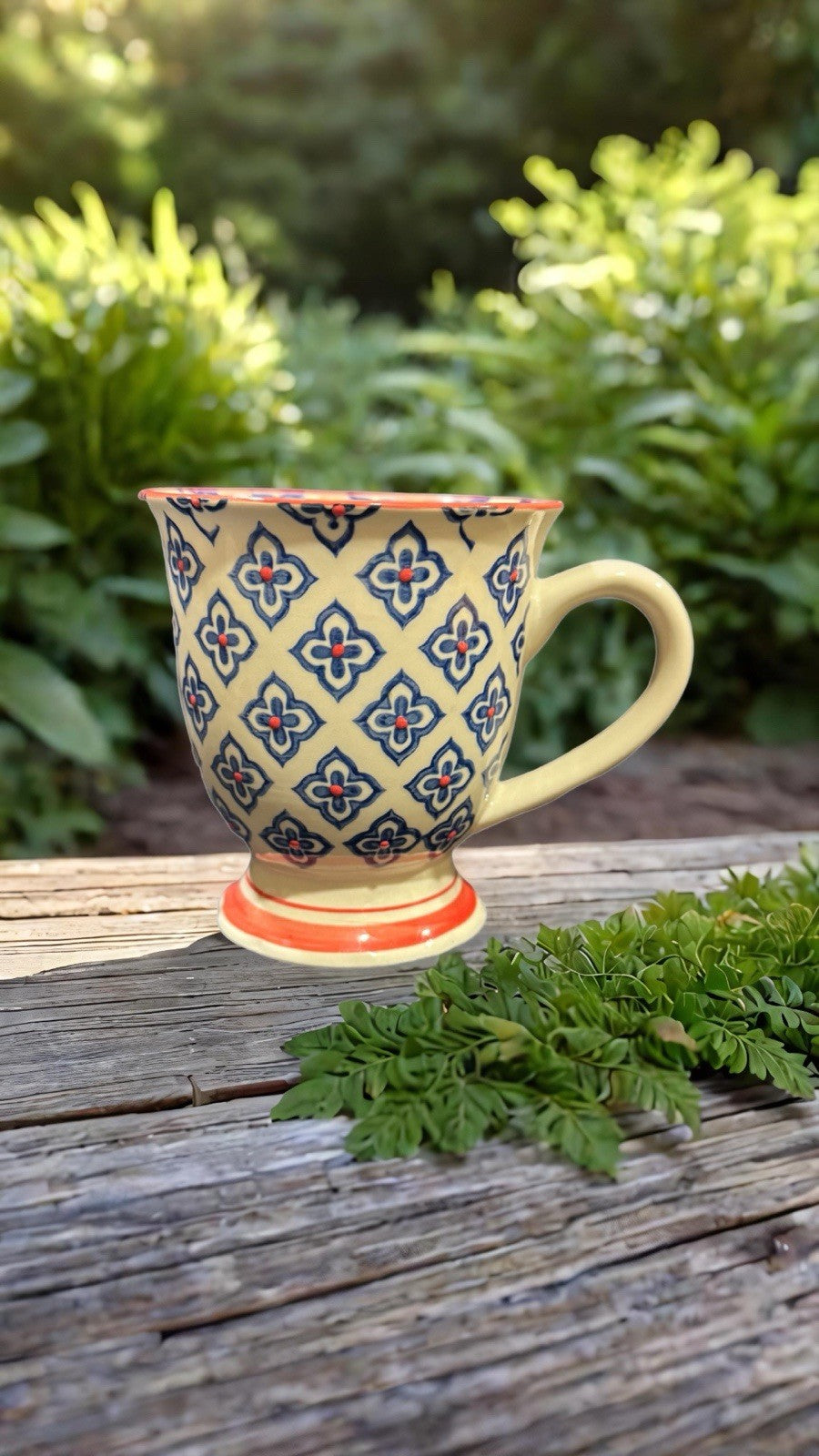 Royal Studio Pedestal Mug 4.25” Hand Painted Blue Red Floral Tile Coffee Cup