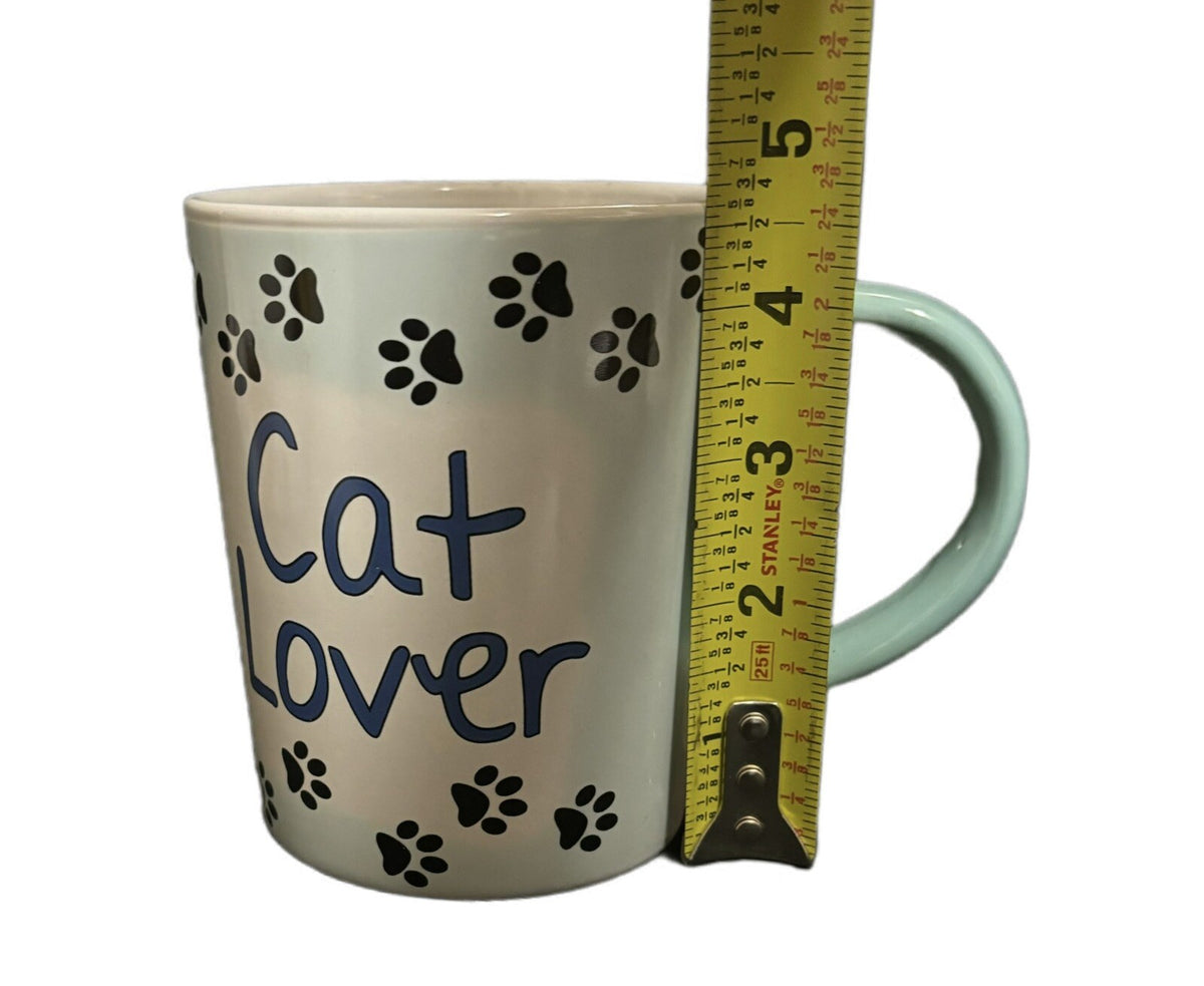 Tumbleweed Pottery Mug CAT LOVER Ceramic Coffee Tea Cup Paw Prints White & Blue