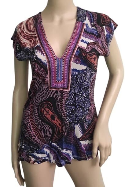 Anthropologie By One September T-Shirt Print Colorful Tee Embroidered Top S