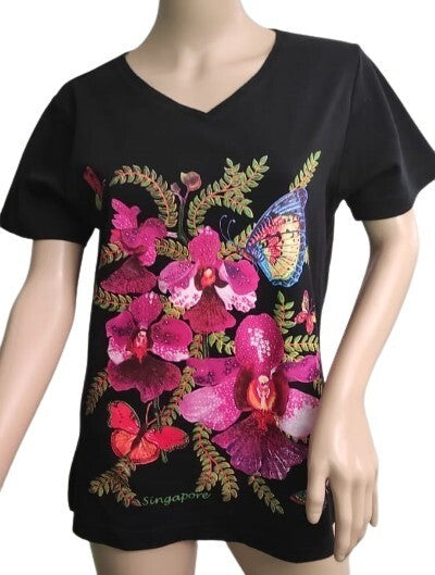 La Belle T-Shirt Flower Butterfly Black Top V Neck Short Sleeves 3XL Tee