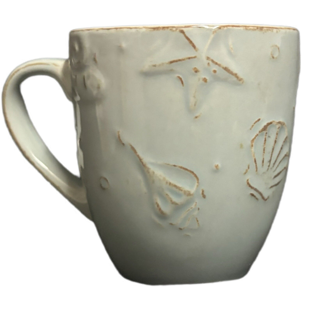 Thomson Pottery 4-Mugs CAPE COD Blue Coffee Tea Cups Embossed Seashells Nautical