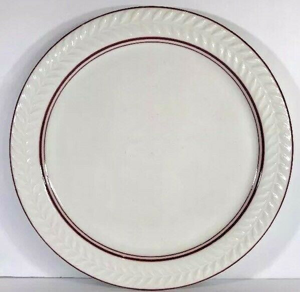 Vintage SHENANGO China 7-Dinner Plates Syracuse Embossed Laurel Red Band 10.5"D