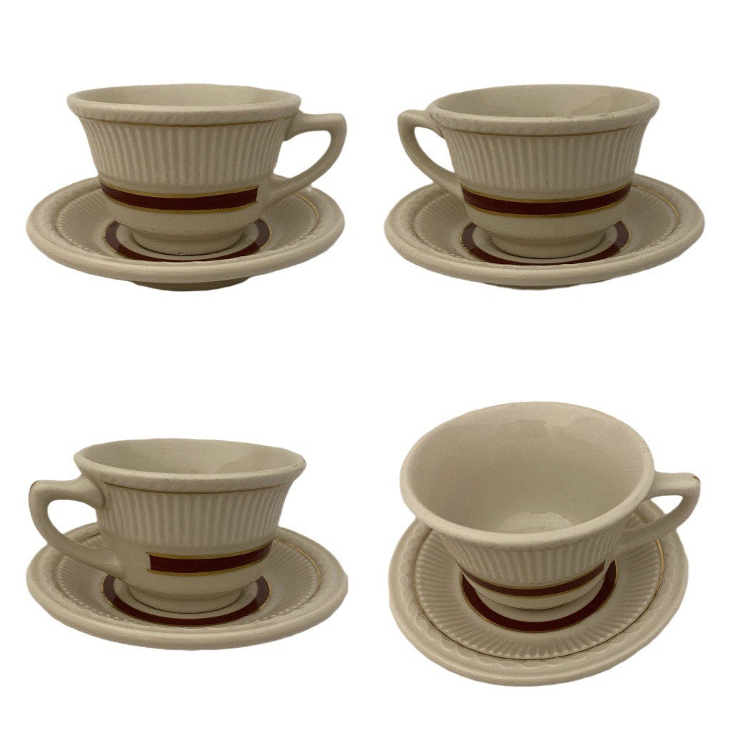Shenango China Cups & Saucers 4-Laurel Red Gold Embossed USA Restaurant Ware