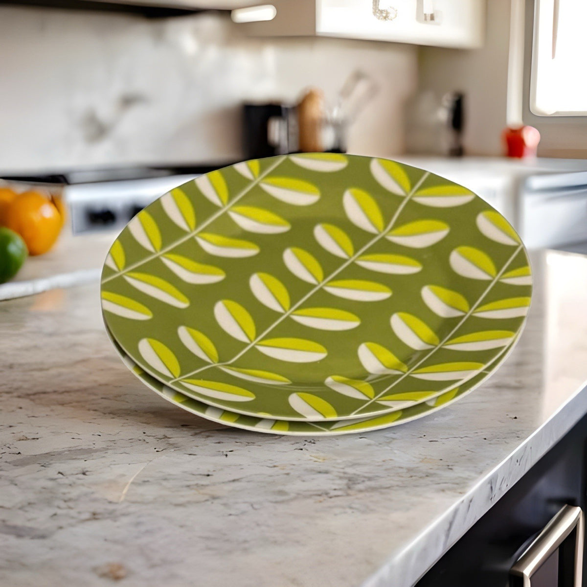 DANICA  2 Salad Plates Porcelain Appetizer Dessert Breakfast Set Green Leaves