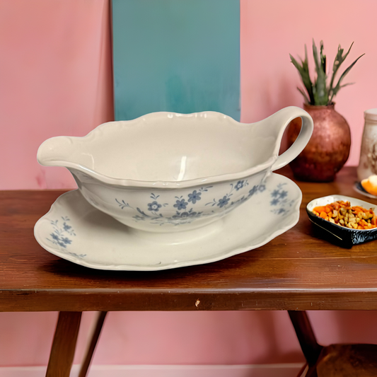 Altmann Bavaria Blue Floral Gravy Boat w/ Attached Underplate Germany Vintage