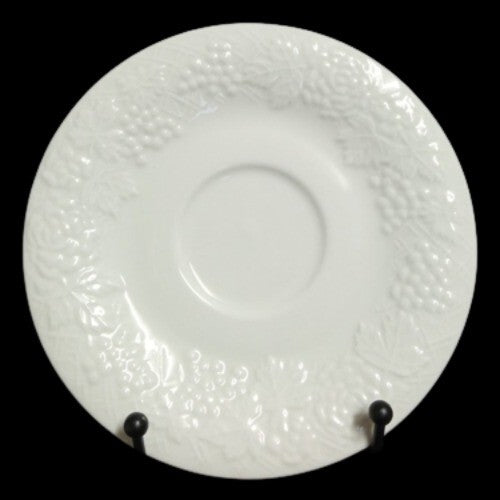 Gibson Designs FOUR SEASONS 4-Saucers 6 ½” D All White Embossed Fruit Floral Rim