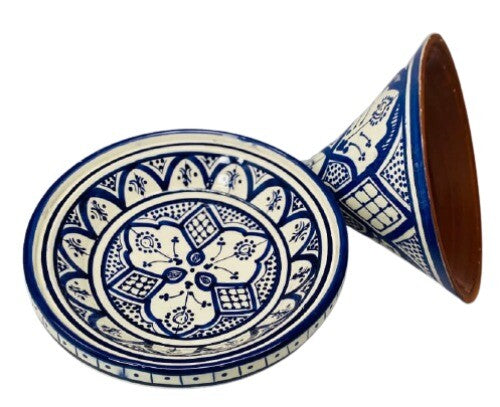 Moroccan Tagine Handcrafted Dome Lid Terracotta White & Blue Tajine 7 7/8”D
