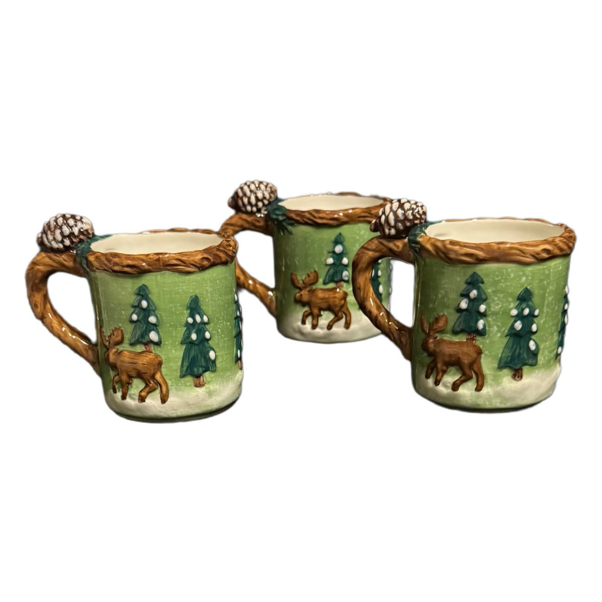 BICO 3D Holiday Teapot w/ 3 Mugs Moose Bear Pine Cone Lid Christmas Cabin Decor