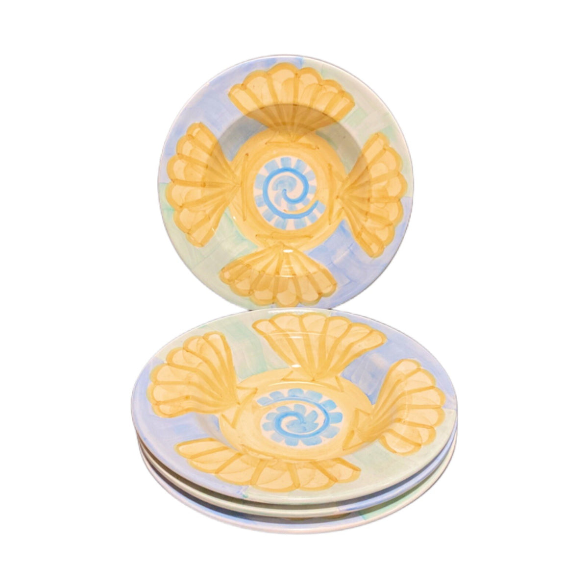 Bella Ceramica SEASHELL 4 Rimmed Soup Cereal or Pasta Bowls Blue Yellow Green