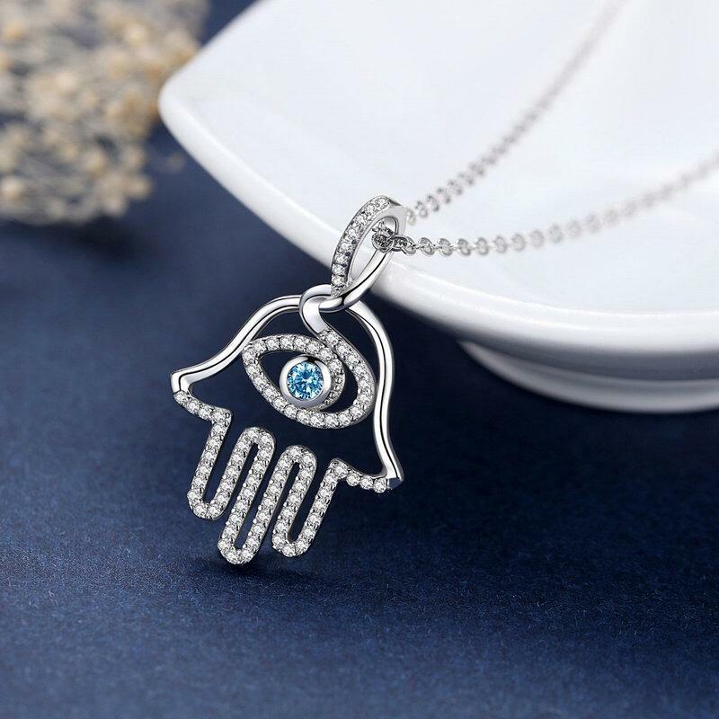 Necklace Charm Hand of Fatima Hamsa Eye Aqua Blue Stone Sterling Silver Khamsa