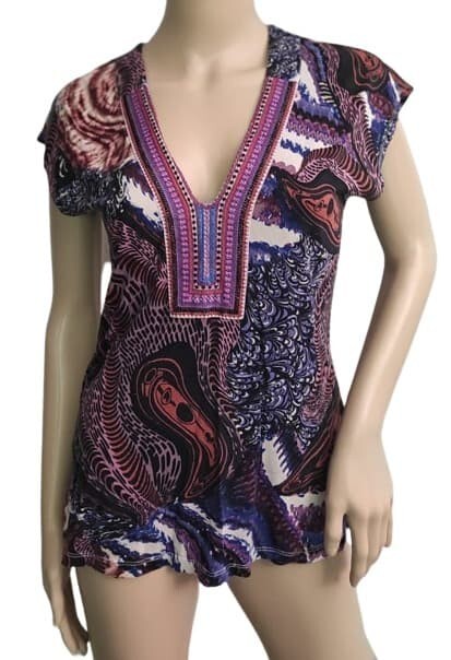 Anthropologie By One September T-Shirt Print Colorful Tee Embroidered Top S