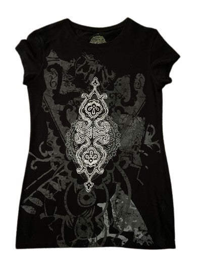 Eco Yoga Prints T-shirt Women Black Silver Top SM. Sustainable Organic Clothing