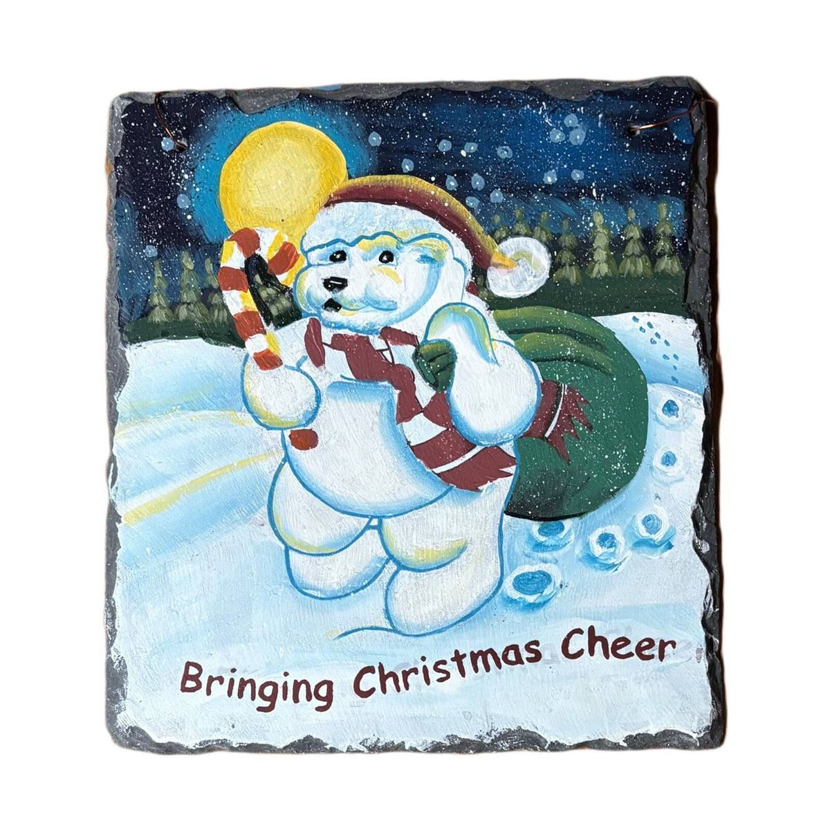 BRINGING CHRISTMAS CHEER Hand Painted Slate Hanging Home Decor Ornament Winter