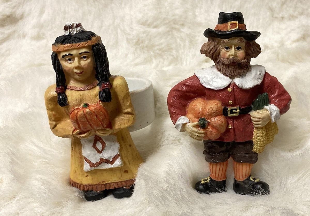 Rare Thanksgiving Ceramic Napkin Holder Pilgrim Pumpkin Harvest Boy Girl