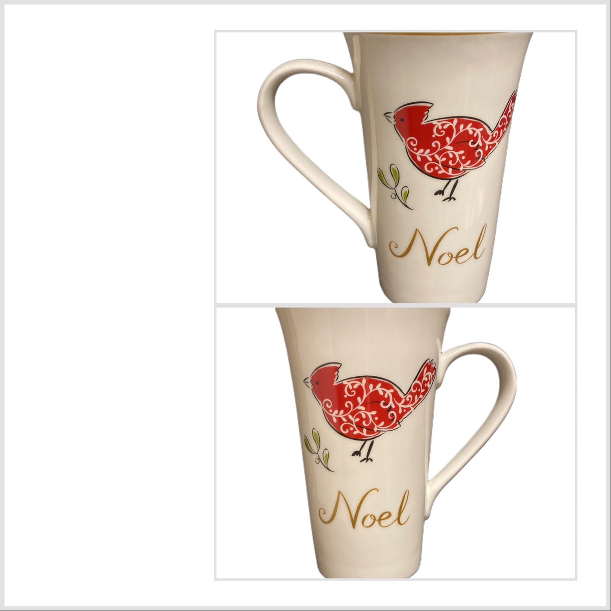 222 Fifth NATALA 3-Latte Mug Cardinal Christmas Tree Sleigh Peace Joy Noel Gold