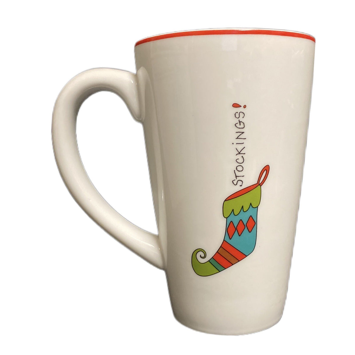 Fitz & Floyd HAPPY HOLIDAYS Tall Latte Mug Gourmet Stockings Coffee Tea Cup