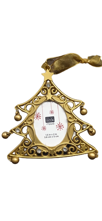 Golden Frame Christmas Tree Shaped Embellished Stones Photo Hanger Star & Balls