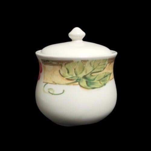 Gibson Designs FRUIT GROVE Sugar Bowl & Lid Cherries Grapes 3 ¾”H White & Fruits