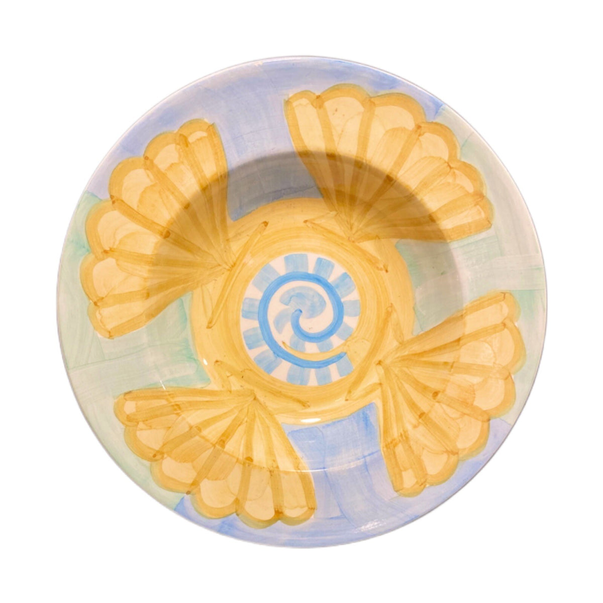 Bella Ceramica SEASHELL 4 Rimmed Soup Cereal or Pasta Bowls Blue Yellow Green
