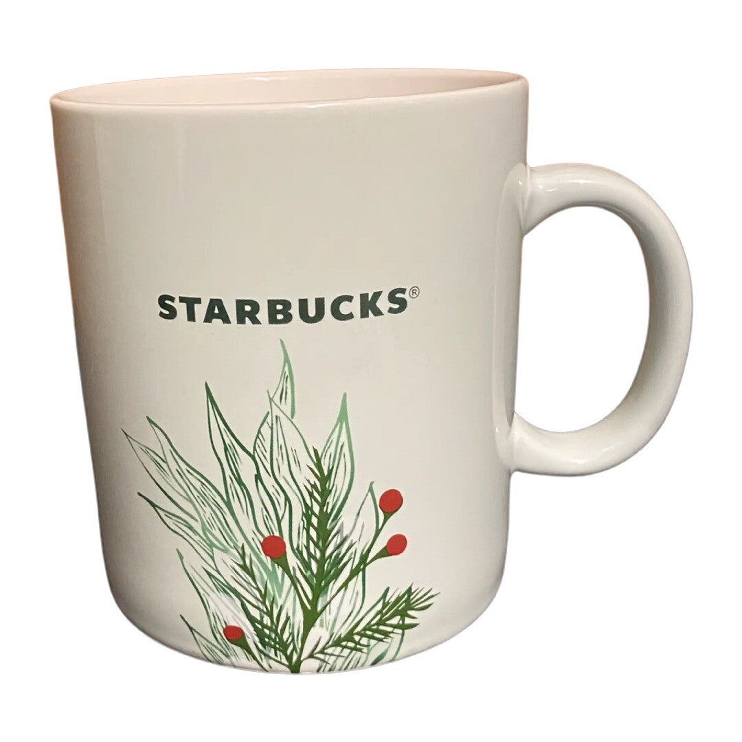STARBUCKS 2020 Ceramic Coffee Mug Red Holly Berries Pine Winter Large Cup 26 oz.