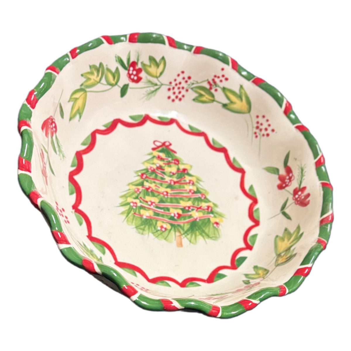 BOSTON WAREHOUSE Serving Bowl Scalloped Christmas Tree Floral Red Green Dish