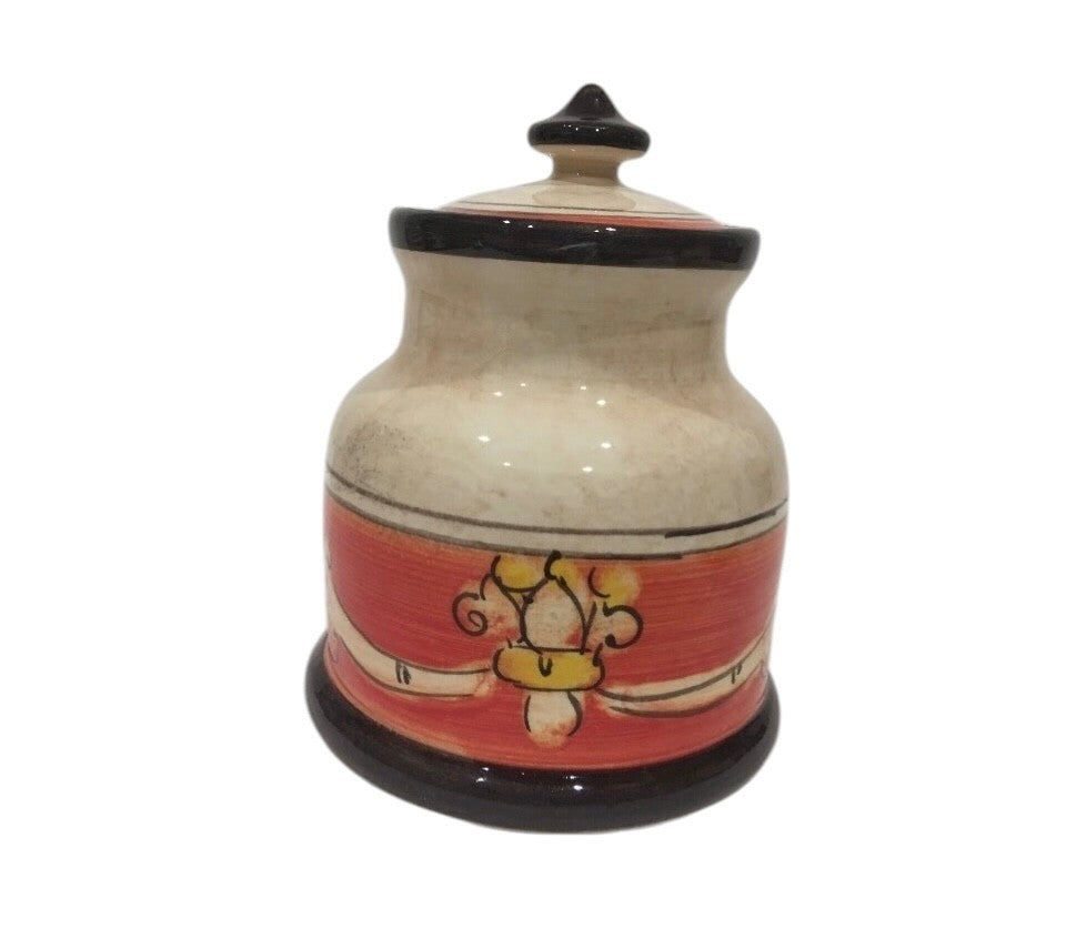 Opera Nova Handcrafted Condiment Jar Red Beige Floral Stoneware w/ Lid 6.5”H