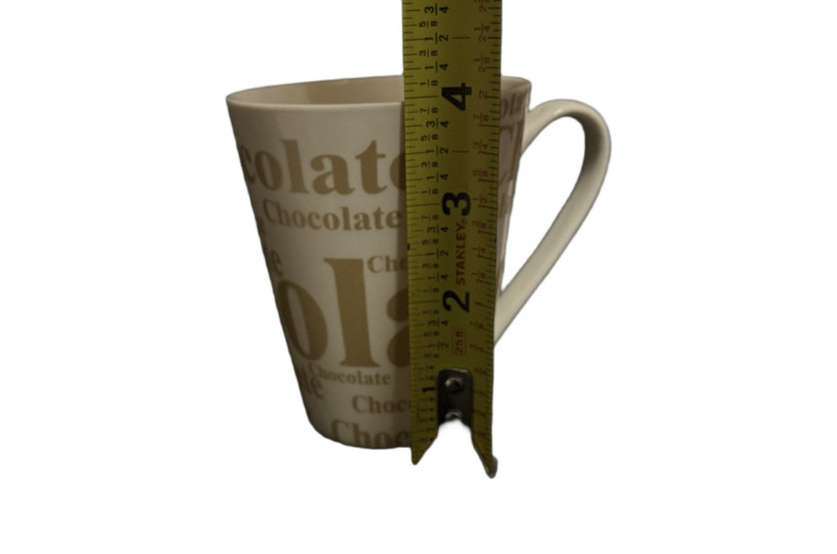 Chocolate Mug White Coffee Hot Cocoa Cup 10 oz Tan Brown Typography Letters