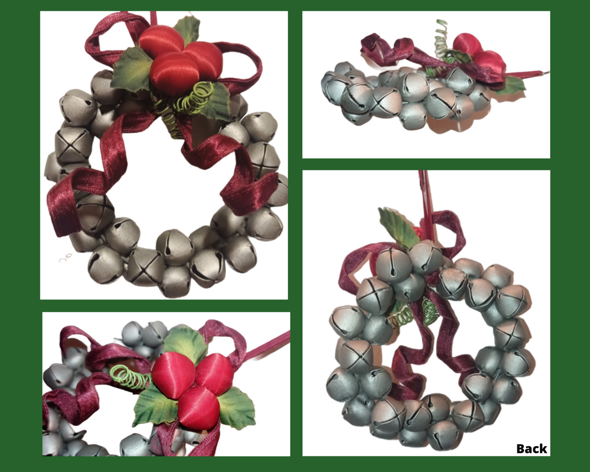 Christmas Hanging Silver Metal Jingle Bell Ornament Wreath Holly & Ribbon 4”