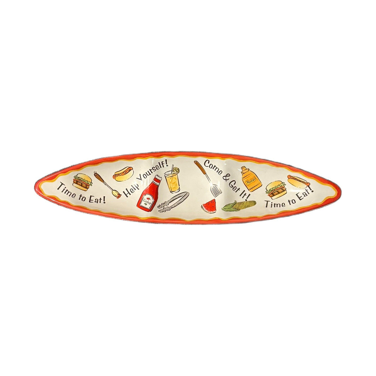 Ganz Bella Casa Skateboard Tray Ceramic Oval Serving Platter with Food Graphics