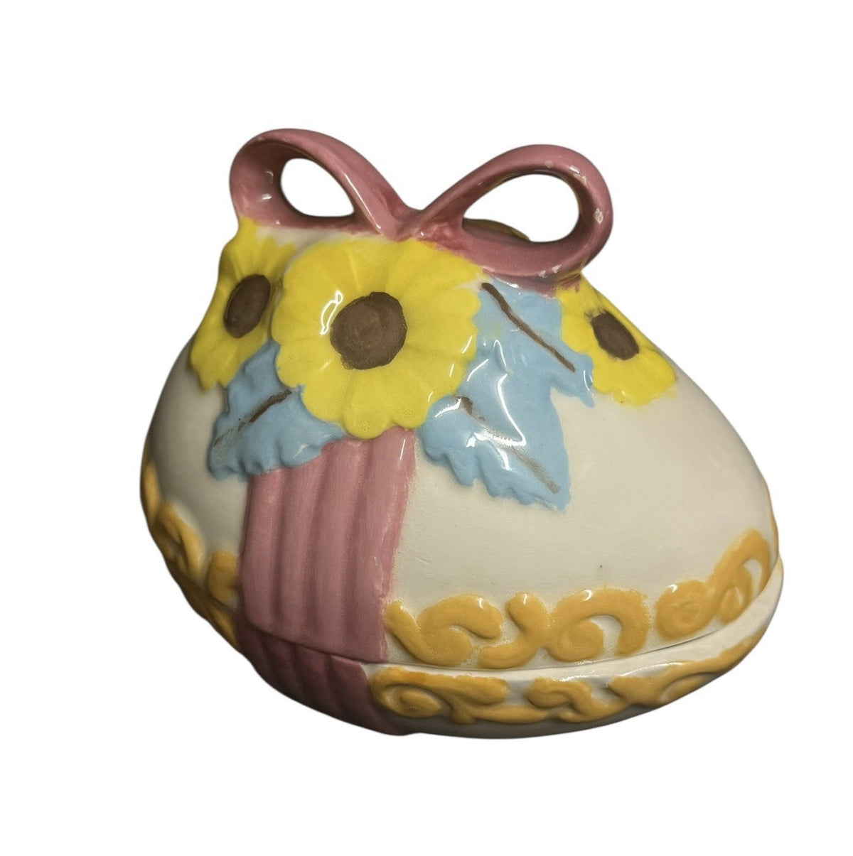 Vintage Ceramic Easter Egg Candy Dish Lidded Trinket Box Hand Painted Floral