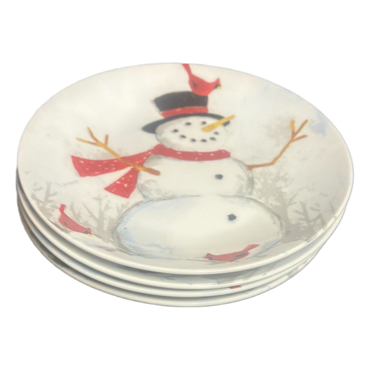 222 FIFTH WINTER CHEER 4-Appetizer Plates Holiday Christmas Snowman Cardinal Red