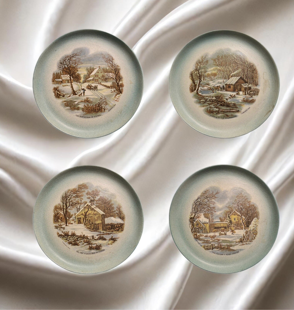 RARE Currier & Ives 4 Plates THE HOMESTEAD IN WINTER Collection BEAGLE APRIL1975