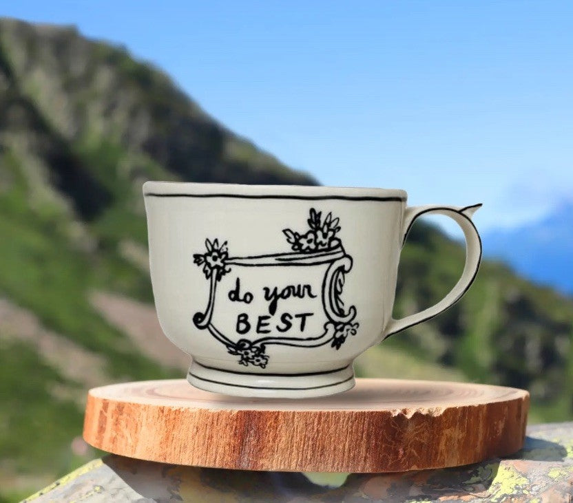 Anthropologie Molly Hatch “Do Your Best” 12 oz Mug Purple Polka Dot Coffee Cup
