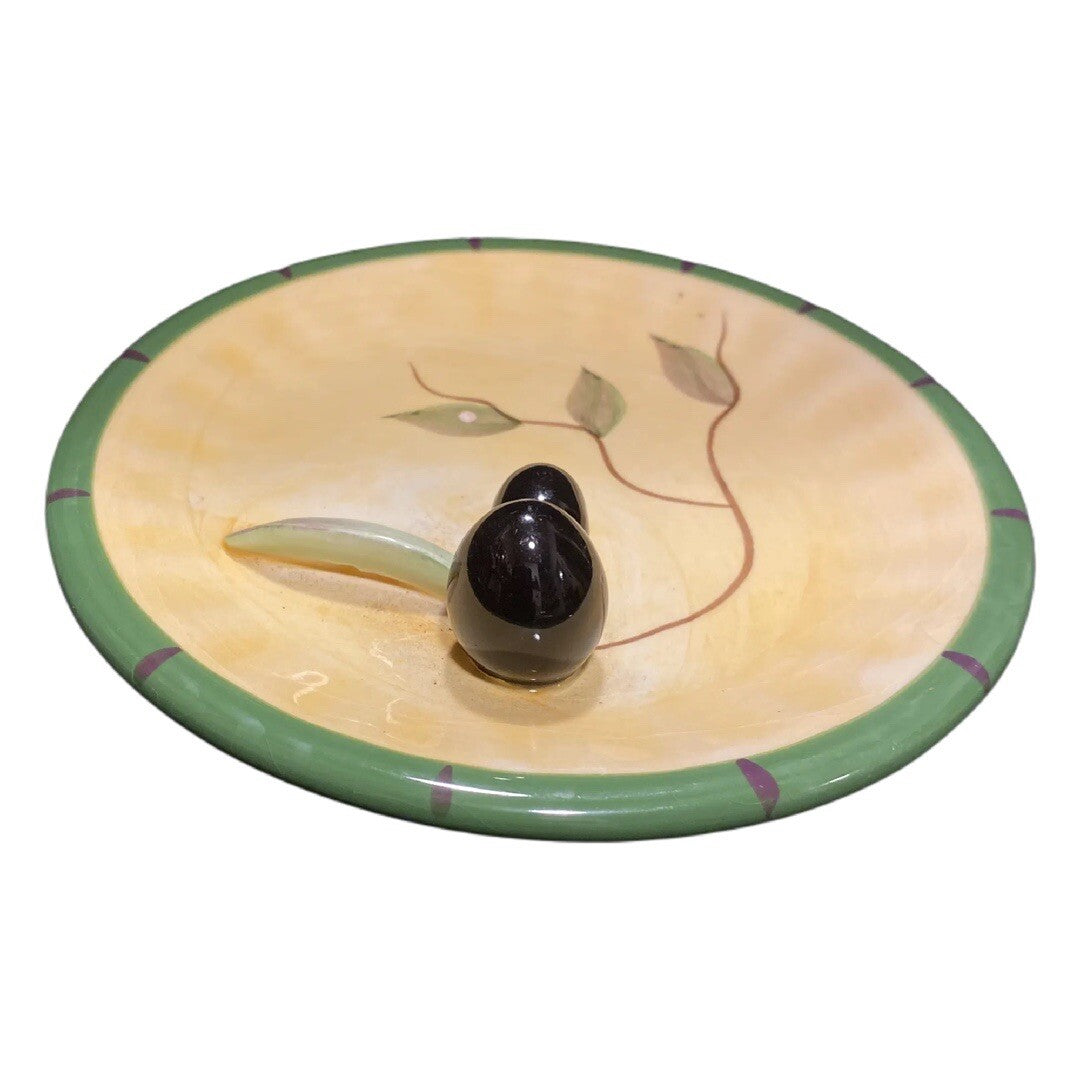 Vintage CALI Snack Canapé Plate Pottery Ceramic 3D Olives Oil Dip Green Border