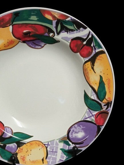 Gibson CORNUCOPIA FRUIT 4-Rim Soup Bowl 8 ½” D Apple Pear Cherry Plum Border