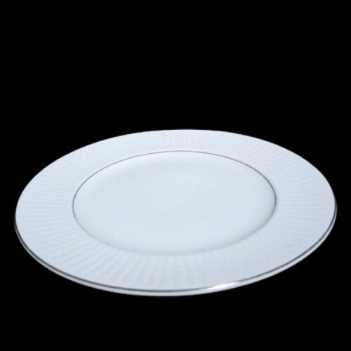 Gibson Designs BLACK TIE 4-Salad Dessert Plates White 7 ½" D Silver Trim Ribbed 