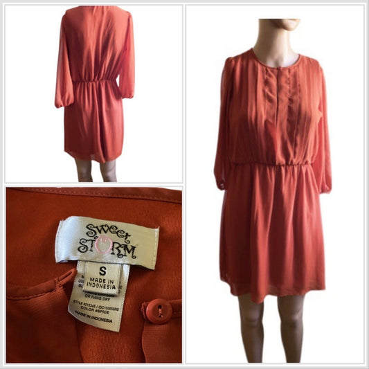 Sweet Storm Dress Orange Coral Spice Color Woman Small Elastic Sleeves & Waist