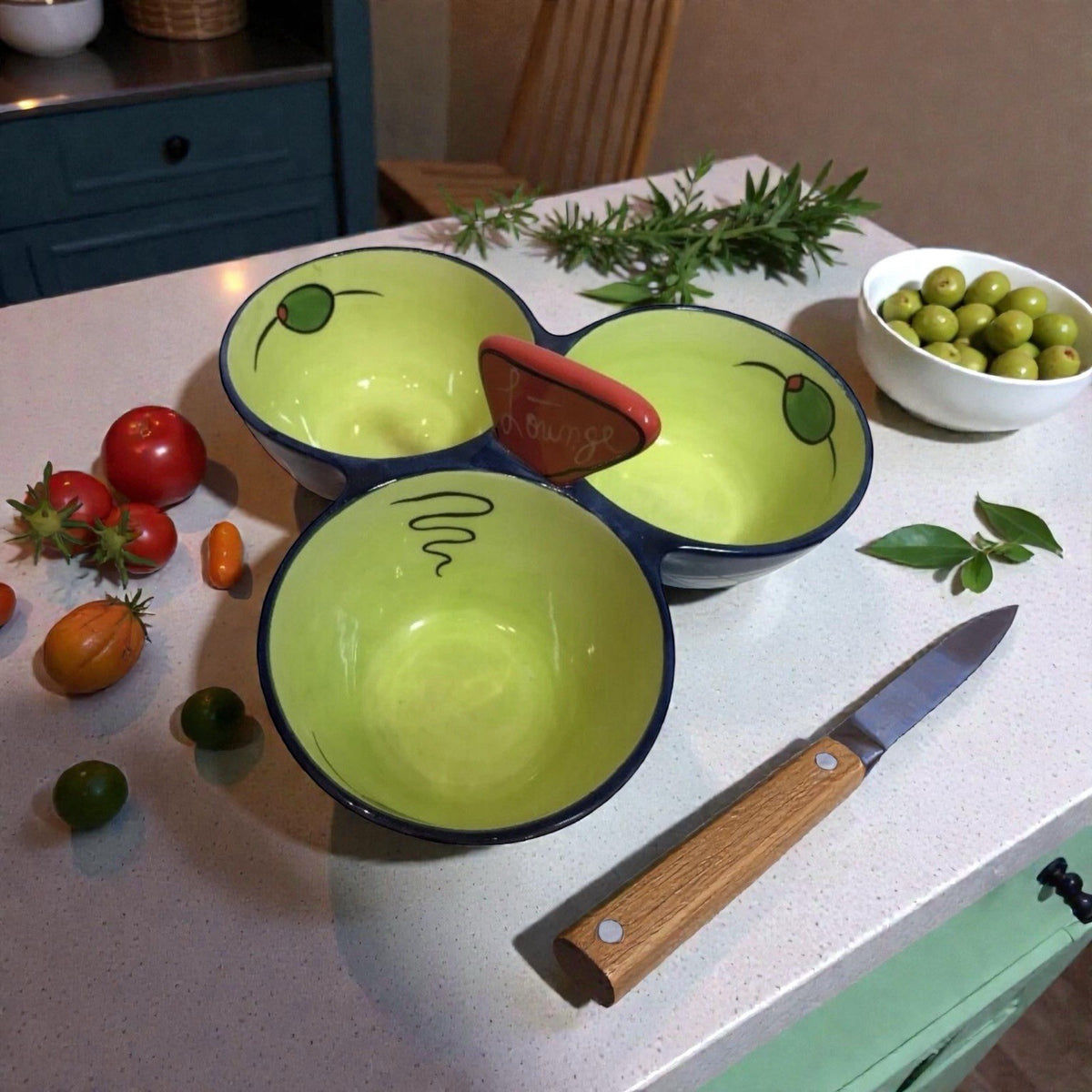Clay Art Martini Lounge 3 Section Chip Dip Snack Serving Bowl