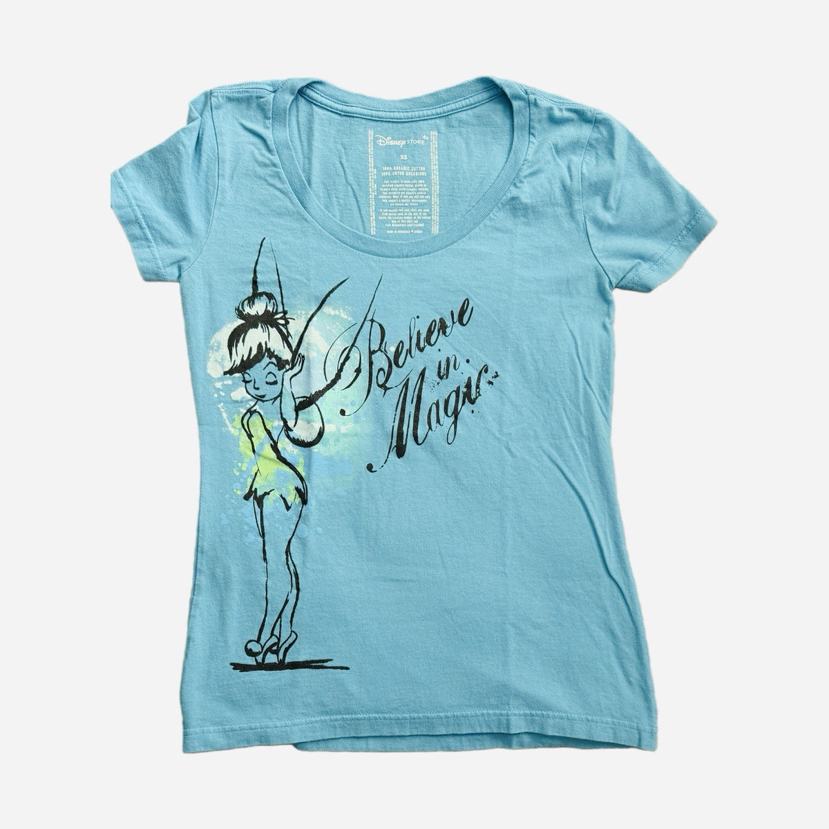 Disney Store Tinkerbell XS Girls Blue Organic Cotton T-Shirt Believe in Magic