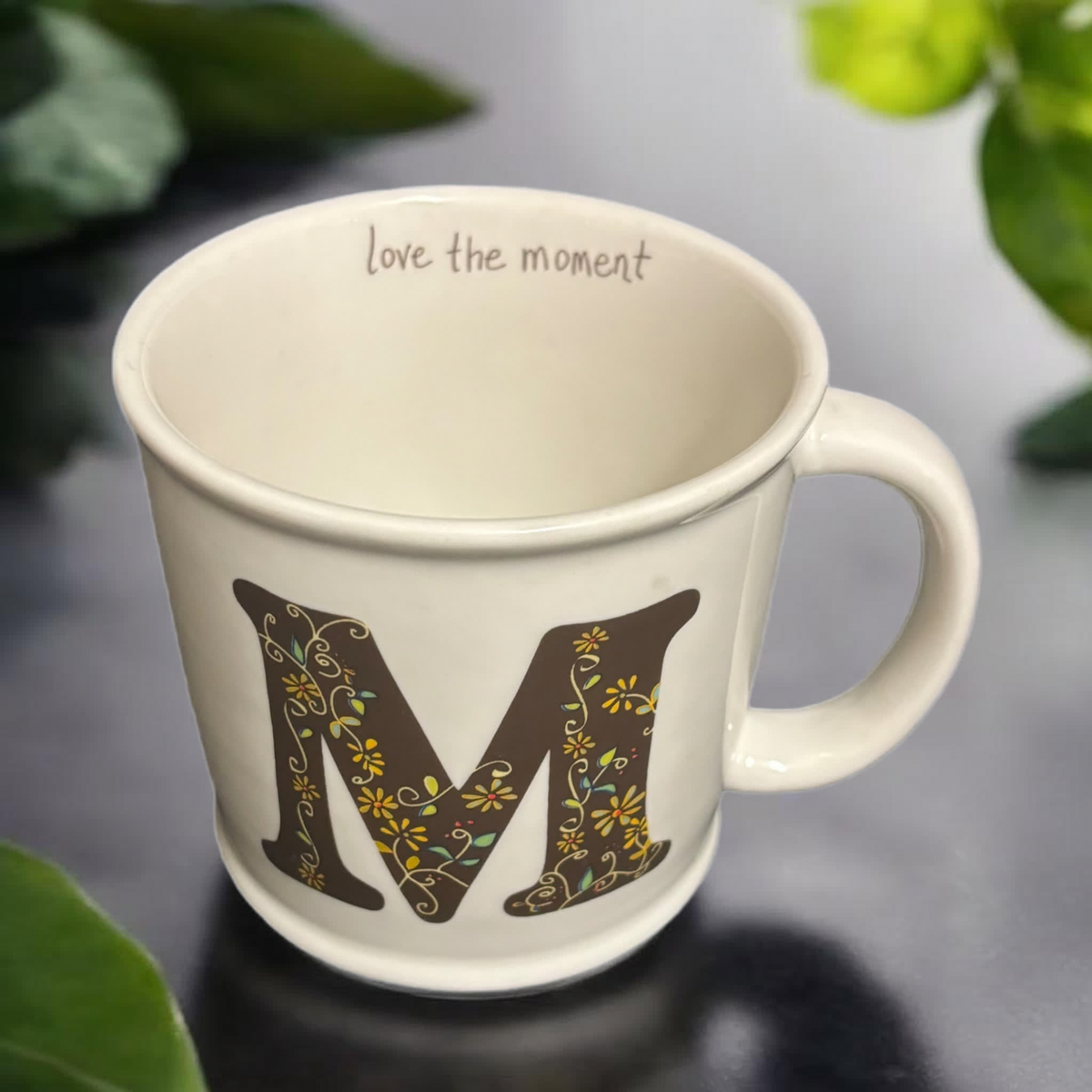 Natural Life Mug Letter M Love The Moment Initial Monogram Floral Coffee Tea Cup