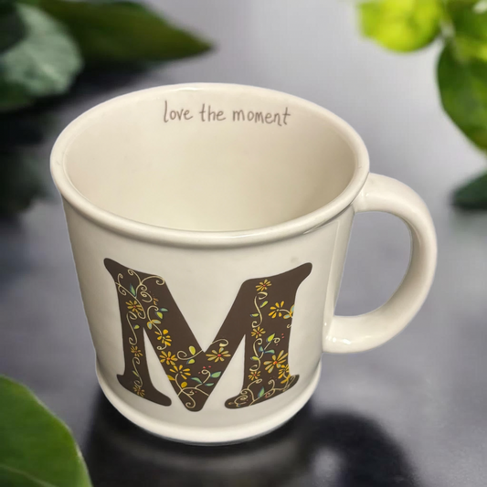 Natural Life Mug Letter M Love The Moment Initial Monogram Floral Coffee Tea Cup