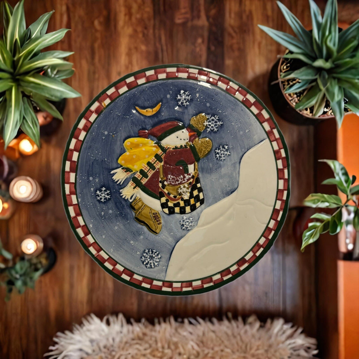 Sakura DEBBIE MUMM Trivet Christmas Snowman Angel Village Hand Painted Ceramic