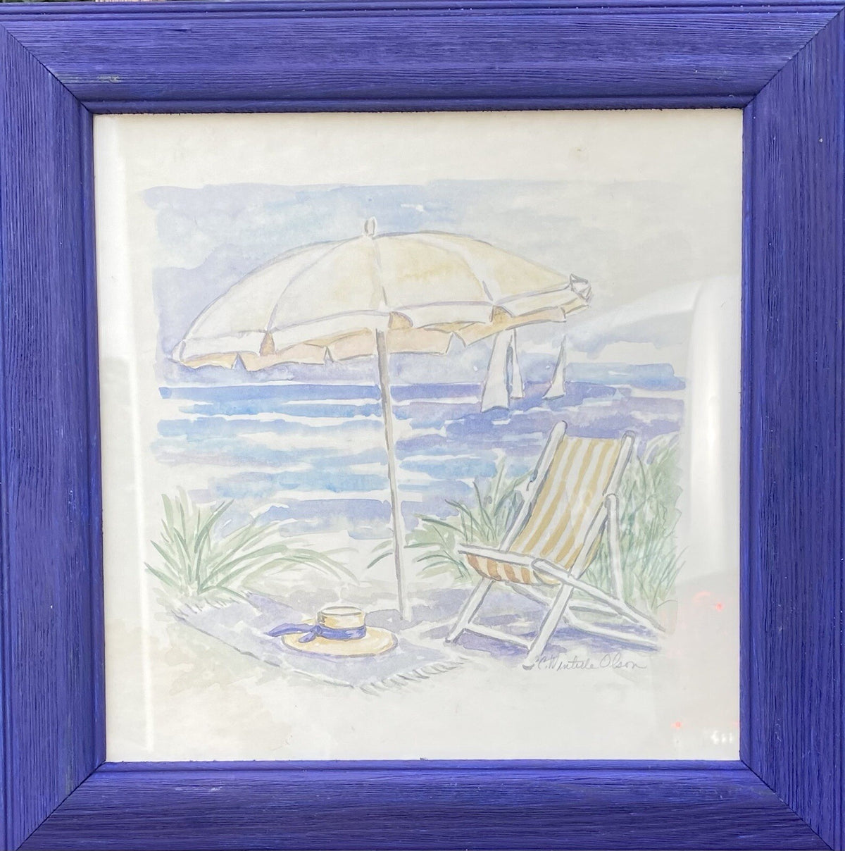 Vintage Set of 4 Charlene Winterle Olson Coastal Beach Prints Blue Frame 11.5"